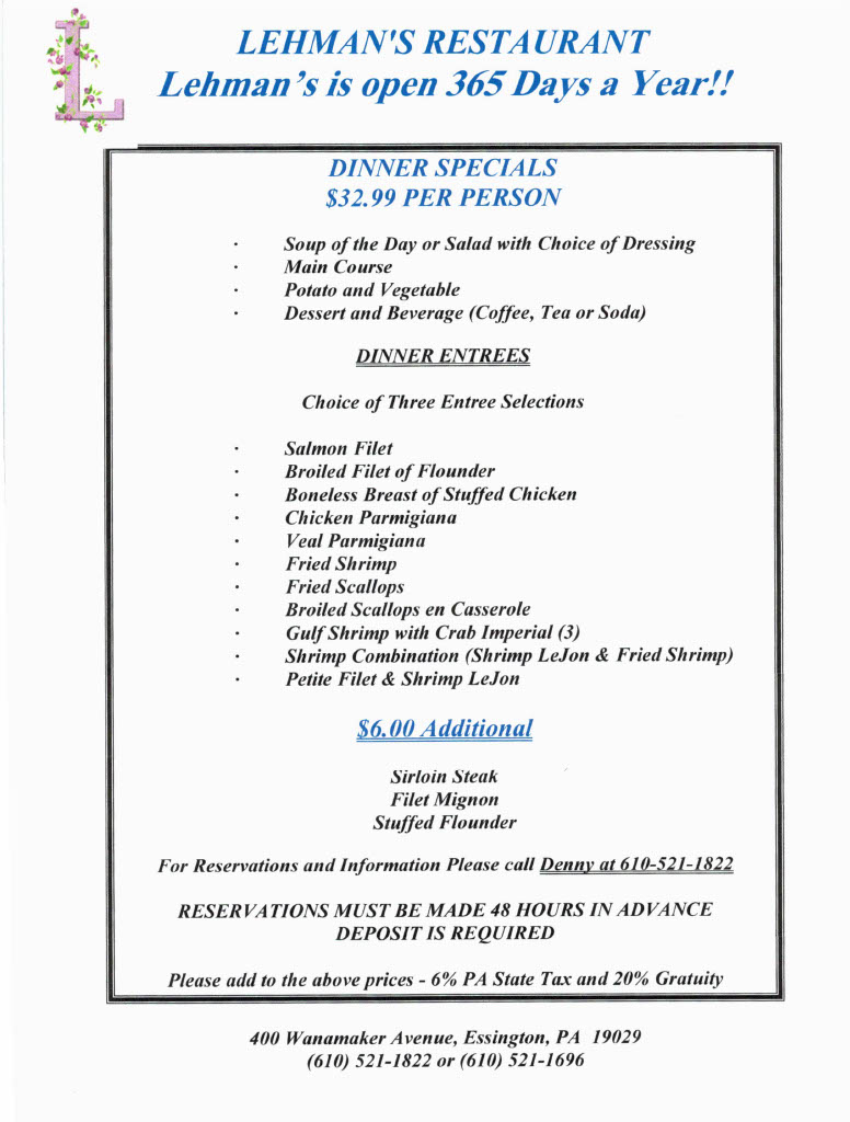 Dinner menu