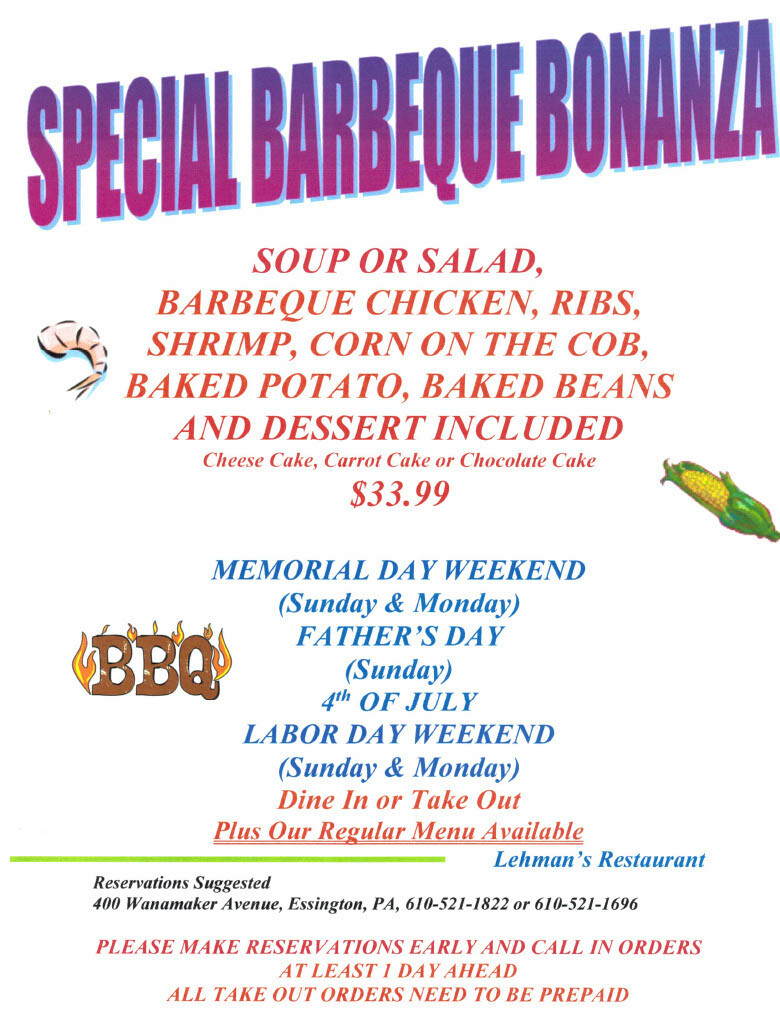 Memorial Day, Fathers Day, 4th of July, Labor Day special menu